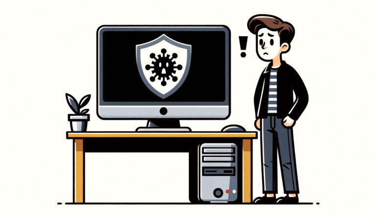 Eine Person steht verwirrt vor einem Computerarbeitsplatz, auf dem Monitor ist ein stilisiertes Antivirus-Symbol zu sehen. Unter dem Schreibtisch befindet sich eine PC-Einheit. Das Bild illustriert Probleme mit einem Avira-Antivirus-Update.