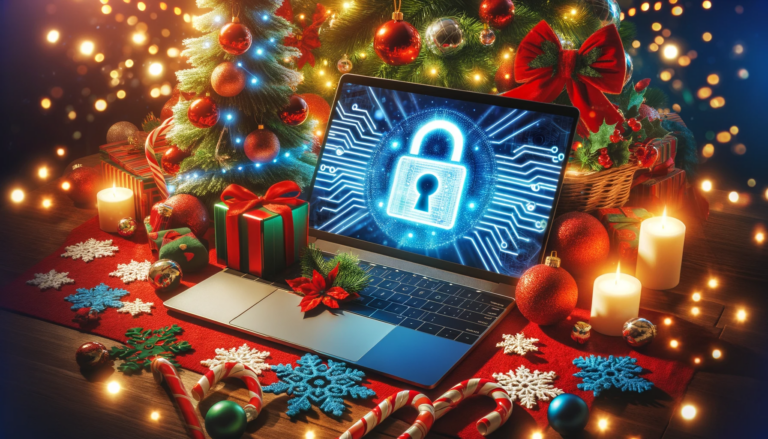 Ein lebendiges Bild, das die Bedeutung von Cybersicherheit während der Feiertagszeit darstellt, mit einem dekorierten Weihnachtsbaum und einem Laptop, dessen Bildschirm ein Schlosssymbol zeigt. Um den Laptop herum sind festliche Dekorationen angeordnet, was die Wichtigkeit von Online-Sicherheit in einer feierlichen Atmosphäre hervorhebt.