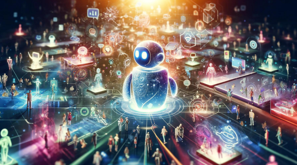 Ein breites Bild, das eine futuristische, lebhafte digitale Umgebung darstellt, bevölkert von abstrakten Darstellungen verschiedener Internetbots wie Chatbots und Symbolen für soziale Medienaktivitäten, die in einem Netz aus Datenströmen und digitalen Pfaden miteinander verbunden sind.