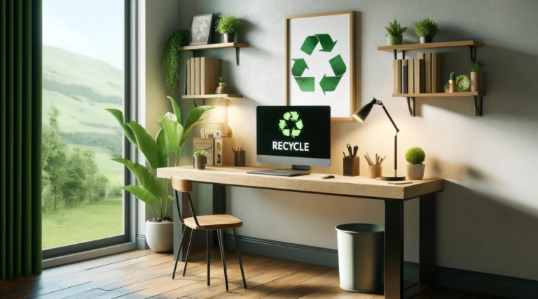 Ein modernes, nachhaltiges Home-Office mit einem Schreibtisch aus recyceltem Holz, darauf ein energieeffizienter Laptop, daneben eine Zimmerpflanze. Über dem Tisch sind Regale mit Büchern zum Thema nachhaltiges Leben und ein digitales Bild mit dem Recycling-Symbol. Das Zimmer ist durch ein großes Fenster mit Blick auf Grünflächen natürlich beleuchtet, neben dem Tisch steht ein Papierkorb für Recycling. Die Gesamtatmosphäre ist sauber, minimalistisch und umweltbewusst.