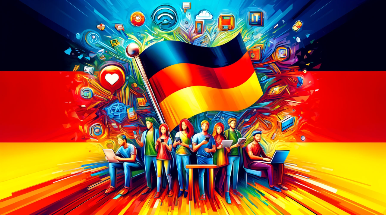 Ein lebendiges, farbenfrohes Bild zeigt eine Gruppe von Menschen, die verschiedene mobile Geräte wie Smartphones, Tablets und Laptops benutzen. Im Zentrum des Bildes weht die deutsche Flagge. Um die Flagge herum sind viele Symbole und Icons dargestellt, die auf Technologie und Digitalisierung hinweisen, darunter WLAN, Cloud-Speicher, IT-Symbole und Kommunikationszeichen. Die Szene ist in einem dynamischen, abstrakten Stil gestaltet, der die Energie und Vielfältigkeit der digitalen Welt vermittelt. Die Farben der deutschen Flagge (Schwarz, Rot, Gold) sind prominent im gesamten Bild vertreten.