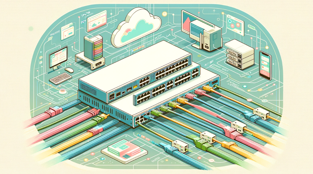 Digitalillustration im Querformat, die eine Netzwerkumgebung mit VLANs zeigt. Ein Netzwerk-Switch mit beschrifteten Ports, darunter 'Trunk Port' und 'Access Port', verbindet verschiedene Geräte wie Computer und Server. Die Darstellung nutzt Farbcodes in Pastelltönen für die Kabel und virtuelle Grenzen zur Visualisierung der Netzwerksegmentierung. Der Hintergrund ist minimalistisch mit digitalen Verbindungen und Netzwerkknoten in sanften Farben wie Pastellblau, Hellgrün und Blassgelb, was das Konzept eines strukturierten und sicheren Netzwerks unterstreicht.