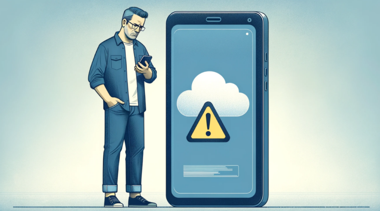 Digitalillustration im Querformat eines mittelalten Mannes, der verwirrt auf sein Smartphone schaut. Über dem Smartphone befindet sich eine Wolke mit einem Warnsymbol, was auf digitale Probleme hinweist. Der Mann trägt legere Kleidung und steht vor einem einfachen Hintergrund, der den Fokus auf seine Interaktion mit dem Smartphone legt. Die Farbgebung ist zurückhaltend mit sanften Tönen, die Verwirrung und Besorgnis vermitteln.