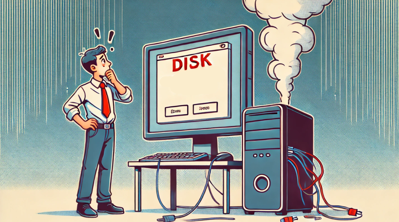 Cartoon-Illustration eines Computers mit dem Fehler 'Disk Boot Failure' auf dem Bildschirm. Vor dem Bildschirm steht eine besorgte Person, die die Kabel des Computers überprüft. Aus dem Computer-Tower steigt Rauch auf, was auf ein ernstes Problem hinweist. Der Hintergrund ist einfach gehalten, um das technische Problem zu betonen.