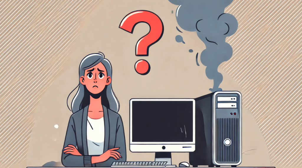 Cartoon-Illustration einer verwirrten Frau mit einem Fragezeichen über dem Kopf. Hinter ihr befindet sich ein Desktop-Computer-Tower, aus dem Rauch aufsteigt, sowie ein Monitor mit einem komplett schwarzen Bildschirm Der Hintergrund ist schlicht in einem hellen braunton gehalten.