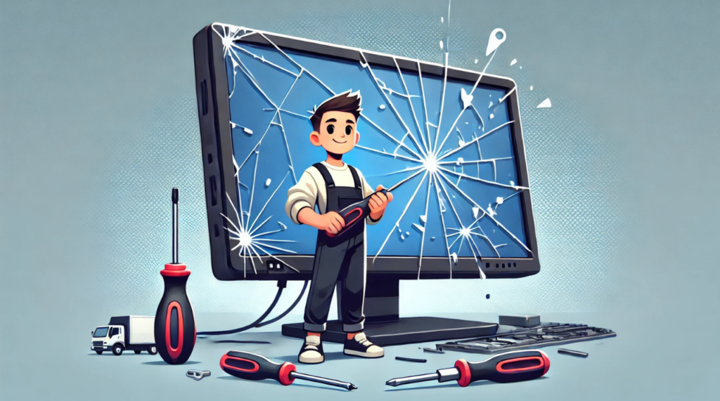 Cartoon-Illustration eines Mannes mit Werkzeugen vor einem kaputten Computerbildschirm. Der Bildschirm zeigt Risse und Verzerrungen. Der Mann hält einen Schraubendreher und ist bereit, den Bildschirm zu reparieren. Um den Bildschirm herum liegen weitere Werkzeuge wie Schraubenzieher und Zangen.