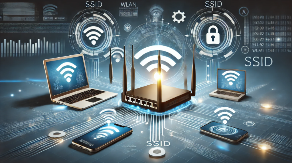 Illustration eines WLAN-Routers, der mehrere Wi-Fi-Signale mit verschiedenen SSIDs aussendet. Ein Laptop und ein Smartphone sind mit einer der SSIDs verbunden. Im Hintergrund sind Symbole für Netzwerksicherheit und -konfiguration zu sehen, darunter ein Schloss und ein Zahnrad. Die Szene ist modern und technologieorientiert gestaltet.