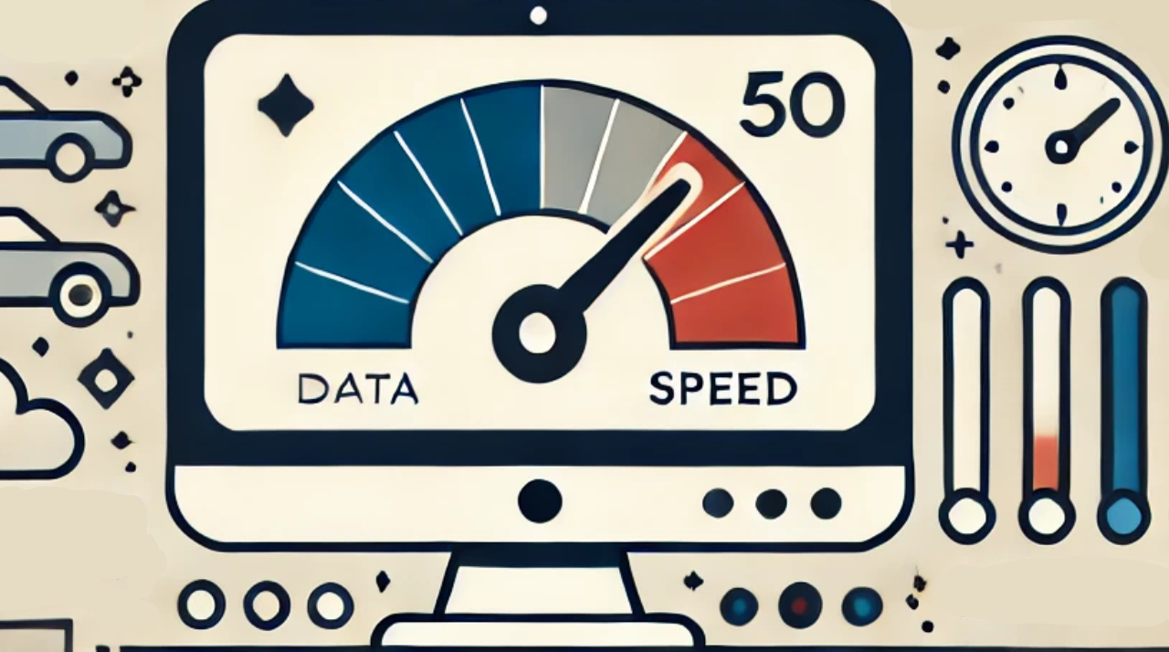 Ein minimalistisches, im Corporate Memphis-Stil gehaltenes Bild, das einen Computerbildschirm mit einer Fortschrittsanzeige zur Datenübertragung zeigt. Die Geschwindigkeitssymbole auf der Anzeige schwanken, was die Variabilität der Übertragungsgeschwindigkeit darstellt. Das Design ist sauber und modern, mit einfachen Formen und kräftigen Farben.