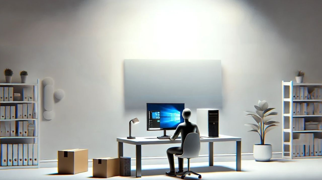 Ein minimalistisches Büro mit weißen Wänden, in dem eine stilisierte Figur vor einem Schreibtisch sitzt. Auf dem Schreibtisch befindet sich ein Computerbildschirm, der den Installationsprozess von Windows 11 zeigt. Auf dem Schreibtisch sind außerdem ein Computergehäuse und eine Schreibtischlampe zu sehen. Im Raum stehen zwei Regale voller Aktenordner, einige Kartons und eine Zimmerpflanze in einem weißen Topf.