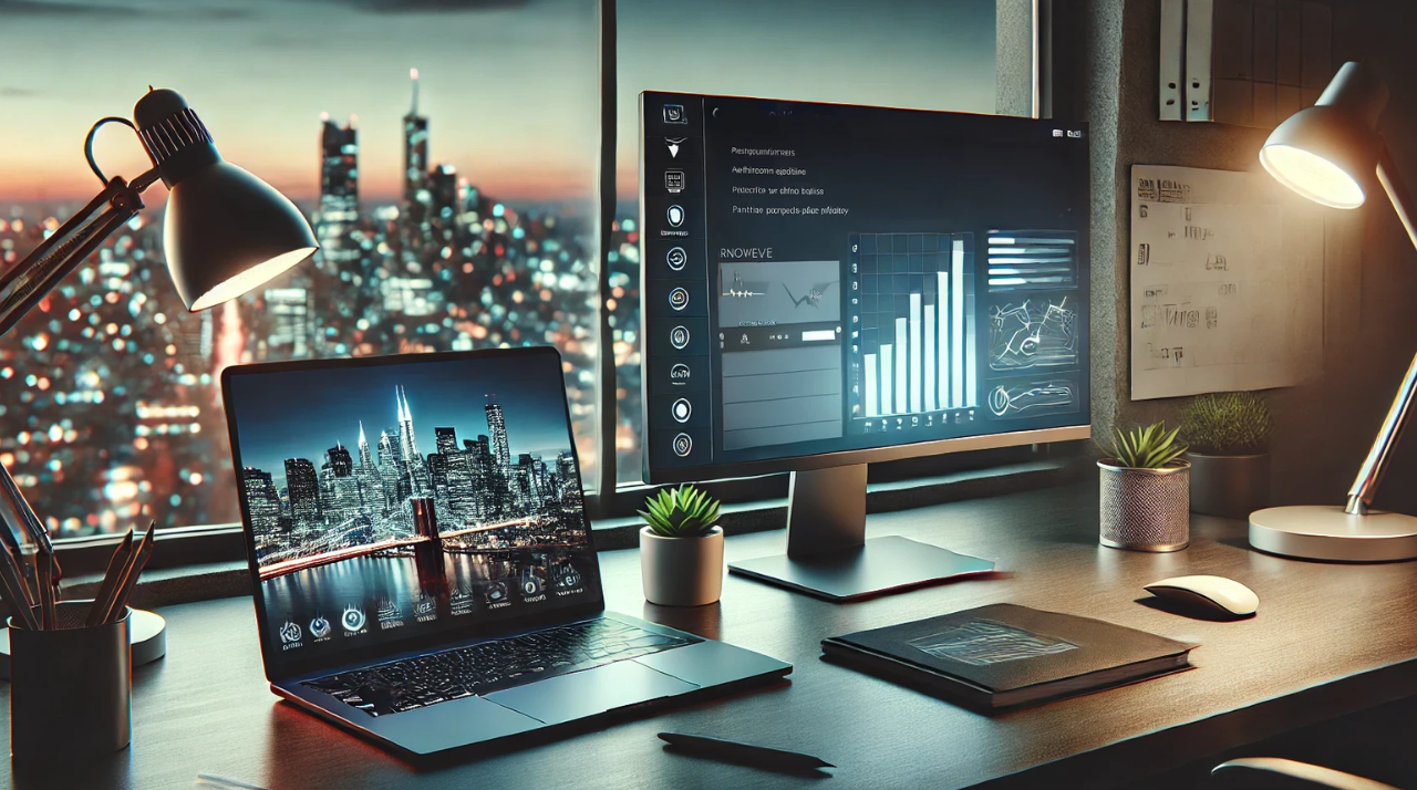 Ein modernes Büro-Setup mit einem eleganten Laptop und einem großen Monitor, der digitale Daten und Analysen anzeigt. Der Schreibtisch ist mit einem Notizbuch, einer Maus und einer kleinen Pflanze organisiert, die einen Hauch von Grün hinzufügt. Zwei Schreibtischlampen sorgen für gezielte Beleuchtung, und ein Fenster zeigt eine Stadtansicht mit hohen Gebäuden und Bokeh-Lichtern, die eine professionelle, aber gemütliche Atmosphäre schaffen.